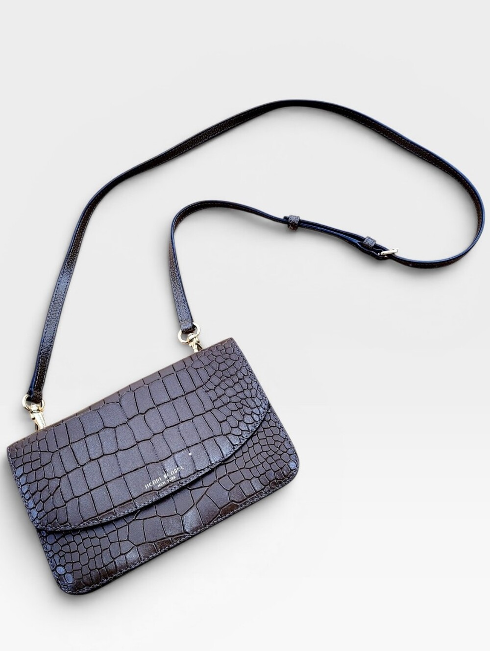 HENRI BENDEL New York Moc Croc Embossed Slim Chocolate Brown Crossbody Handbag